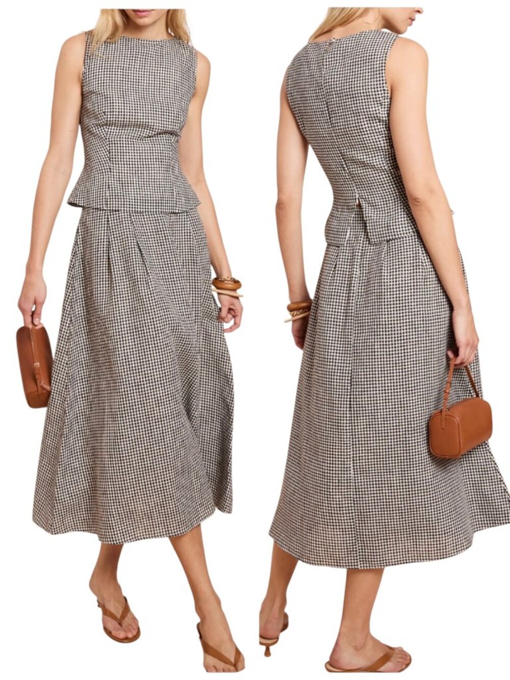 O.P.T. Aveline Linen Set Size 2 Black White Gingham Top Midi Skirt NWT